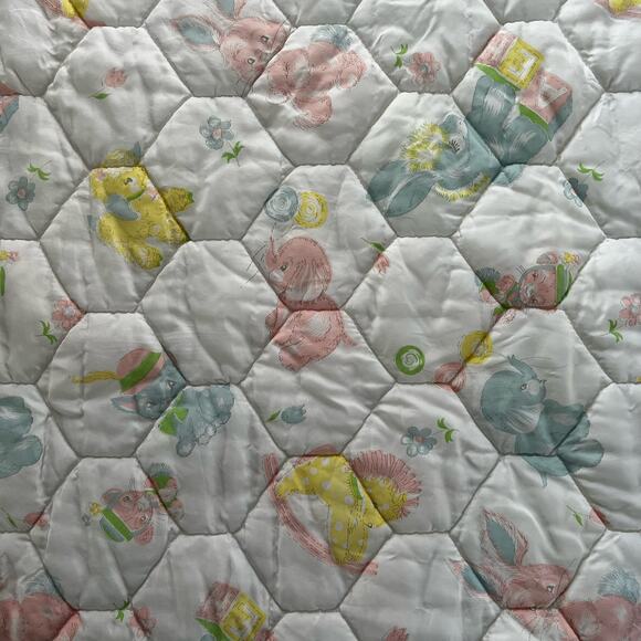 Vintage Pastel Quilted Baby Blanket comforter Elephant Bunny Kitty Horse - Picture 4 of 10